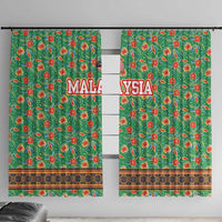 Traditional Malaysian Batik Floral Window Curtain with Green Tulip and Red Blossom Pattern