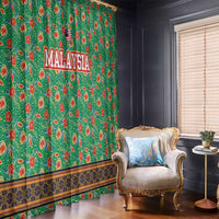 Traditional Malaysian Batik Floral Window Curtain with Green Tulip and Red Blossom Pattern