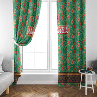 Traditional Malaysian Batik Floral Window Curtain with Green Tulip and Red Blossom Pattern