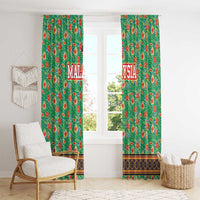 Traditional Malaysian Batik Floral Window Curtain with Green Tulip and Red Blossom Pattern