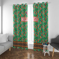 Traditional Malaysian Batik Floral Window Curtain with Green Tulip and Red Blossom Pattern
