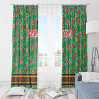 Traditional Malaysian Batik Floral Window Curtain with Green Tulip and Red Blossom Pattern