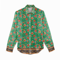 Traditional Malaysian Batik Floral Women Casual Shirt with Green Tulip and Red Blossom Pattern