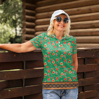 Traditional Malaysian Batik Floral Women Polo Shirt with Green Tulip and Red Blossom Pattern