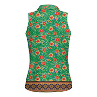 Traditional Malaysian Batik Floral Women Sleeveless Polo Shirt with Green Tulip and Red Blossom Pattern