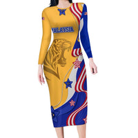 Malaysian Tiger and National Flag Family Matching Long Sleeve Bodycon Dress and Hawaiian Shirt with Royal Gold and Blue Design
