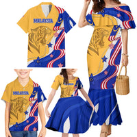Malaysian Tiger and National Flag Family Matching Mermaid Dress and Hawaiian Shirt with Royal Gold and Blue Design