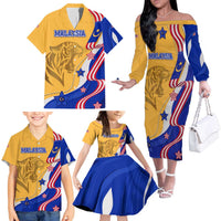 Malaysian Tiger and National Flag Family Matching Off The Shoulder Long Sleeve Dress and Hawaiian Shirt with Royal Gold and Blue Design