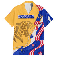 Malaysian Tiger and National Flag Family Matching Off The Shoulder Long Sleeve Dress and Hawaiian Shirt with Royal Gold and Blue Design