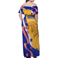 Malaysian Tiger and National Flag Family Matching Off Shoulder Maxi Dress and Hawaiian Shirt with Royal Gold and Blue Design