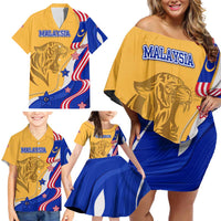 Malaysian Tiger and National Flag Family Matching Off Shoulder Short Dress and Hawaiian Shirt with Royal Gold and Blue Design