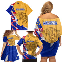 Malaysian Tiger and National Flag Family Matching Off Shoulder Short Dress and Hawaiian Shirt with Royal Gold and Blue Design