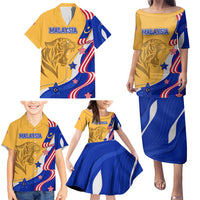 Malaysian Tiger and National Flag Family Matching Puletasi and Hawaiian Shirt with Royal Gold and Blue Design