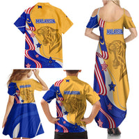 Malaysian Tiger and National Flag Family Matching Summer Maxi Dress and Hawaiian Shirt with Royal Gold and Blue Design