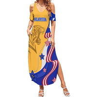 Malaysian Tiger and National Flag Family Matching Summer Maxi Dress and Hawaiian Shirt with Royal Gold and Blue Design