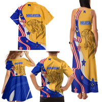 Malaysian Tiger and National Flag Family Matching Tank Maxi Dress and Hawaiian Shirt with Royal Gold and Blue Design