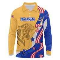 Malaysian Tiger and National Flag Long Sleeve Polo Shirt with Royal Gold and Blue Design
