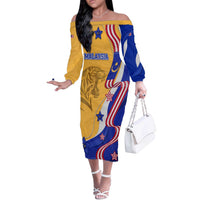 Malaysian Tiger and National Flag Off The Shoulder Long Sleeve Dress with Royal Gold and Blue Design