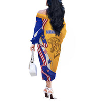 Malaysian Tiger and National Flag Off The Shoulder Long Sleeve Dress with Royal Gold and Blue Design