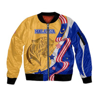 Malaysian Tiger and National Flag Sleeve Zip Bomber Jacket with Royal Gold and Blue Design
