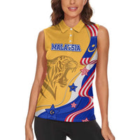 Malaysian Tiger and National Flag Women Sleeveless Polo Shirt with Royal Gold and Blue Design