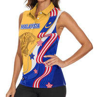 Malaysian Tiger and National Flag Women Sleeveless Polo Shirt with Royal Gold and Blue Design
