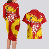 Malaysia Football Couples Matching Long Sleeve Bodycon Dress and Hawaiian Shirt with Roaring Tiger and Red Yellow National Colors