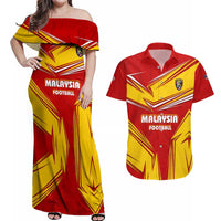 Malaysia Football Couples Matching Off Shoulder Maxi Dress and Hawaiian Shirt with Roaring Tiger and Red Yellow National Colors