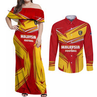 Malaysia Football Couples Matching Off Shoulder Maxi Dress and Long Sleeve Button Shirt with Roaring Tiger and Red Yellow National Colors