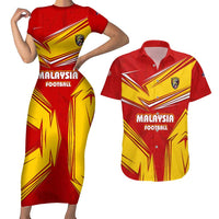 Malaysia Football Couples Matching Short Sleeve Bodycon Dress and Hawaiian Shirt with Roaring Tiger and Red Yellow National Colors