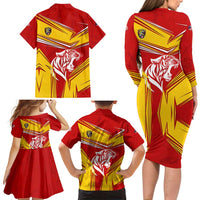 Malaysia Football Family Matching Long Sleeve Bodycon Dress and Hawaiian Shirt with Roaring Tiger and Red Yellow National Colors