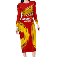 Malaysia Football Family Matching Long Sleeve Bodycon Dress and Hawaiian Shirt with Roaring Tiger and Red Yellow National Colors