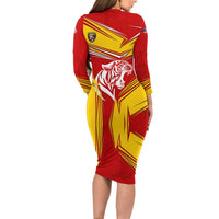 Malaysia Football Family Matching Long Sleeve Bodycon Dress and Hawaiian Shirt with Roaring Tiger and Red Yellow National Colors