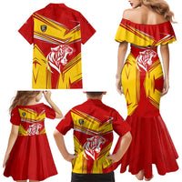 Malaysia Football Family Matching Mermaid Dress and Hawaiian Shirt with Roaring Tiger and Red Yellow National Colors