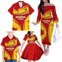 Malaysia Football Family Matching Off The Shoulder Long Sleeve Dress and Hawaiian Shirt with Roaring Tiger and Red Yellow National Colors