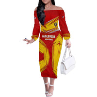Malaysia Football Family Matching Off The Shoulder Long Sleeve Dress and Hawaiian Shirt with Roaring Tiger and Red Yellow National Colors