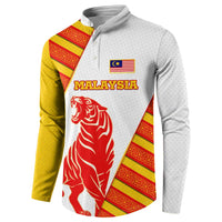 Malaysia National Crest Button Sweatshirt with Red Tiger and Traditional Batik Yellow White