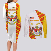 Malaysia National Crest Couples Matching Long Sleeve Bodycon Dress and Long Sleeve Button Shirt with Red Tiger and Traditional Batik Yellow White