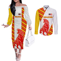 Malaysia National Crest Couples Matching Off The Shoulder Long Sleeve Dress and Long Sleeve Button Shirt with Red Tiger and Traditional Batik Yellow White