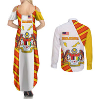 Malaysia National Crest Couples Matching Summer Maxi Dress and Long Sleeve Button Shirt with Red Tiger and Traditional Batik Yellow White