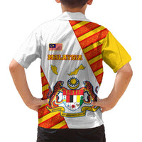 Malaysia National Crest Family Matching Long Sleeve Bodycon Dress and Hawaiian Shirt with Red Tiger and Traditional Batik Yellow White
