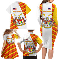 Malaysia National Crest Family Matching Long Sleeve Bodycon Dress and Hawaiian Shirt with Red Tiger and Traditional Batik Yellow White