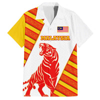 Malaysia National Crest Family Matching Off The Shoulder Long Sleeve Dress and Hawaiian Shirt with Red Tiger and Traditional Batik Yellow White