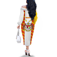 Malaysia National Crest Family Matching Off The Shoulder Long Sleeve Dress and Hawaiian Shirt with Red Tiger and Traditional Batik Yellow White