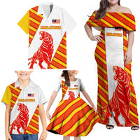Malaysia National Crest Family Matching Off Shoulder Maxi Dress and Hawaiian Shirt with Red Tiger and Traditional Batik Yellow White