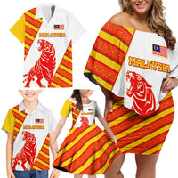 Malaysia National Crest Family Matching Off Shoulder Short Dress and Hawaiian Shirt with Red Tiger and Traditional Batik Yellow White