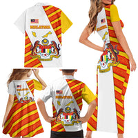 Malaysia National Crest Family Matching Short Sleeve Bodycon Dress and Hawaiian Shirt with Red Tiger and Traditional Batik Yellow White