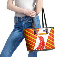 Malaysia National Crest Leather Tote Bag with Red Tiger and Traditional Batik Yellow White