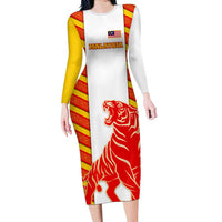 Malaysia National Crest Long Sleeve Bodycon Dress with Red Tiger and Traditional Batik Yellow White