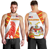 Malaysia National Crest Men Tank Top with Red Tiger and Traditional Batik Yellow White
